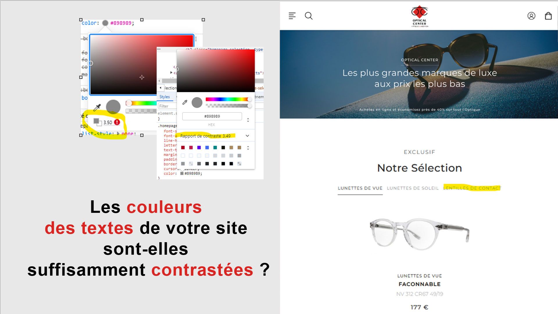 Copie d'écran de l'accueil du site Optical-Center montrant des anomalies de contraste.
